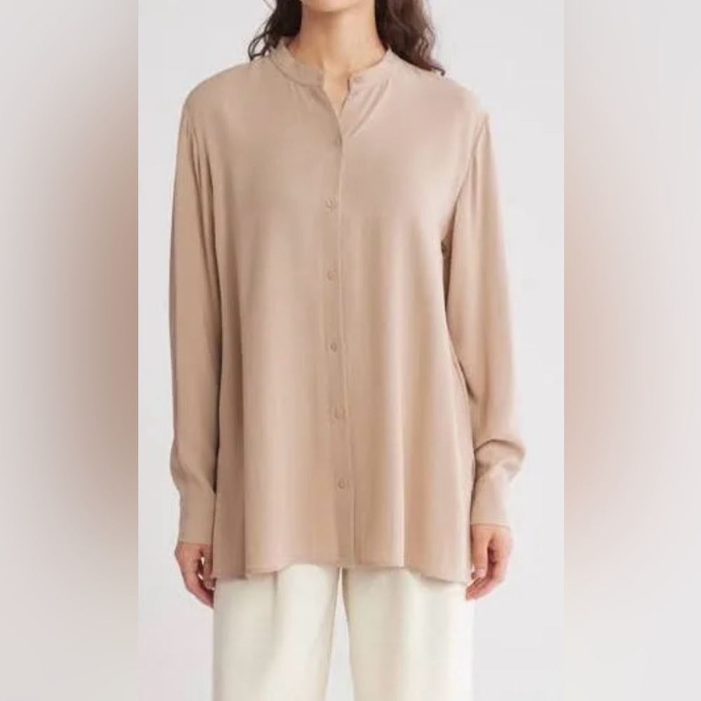 NWT EILEEN FISHER 
Silk Georgette The Long Shirt 3X Button Up Dune/Nude